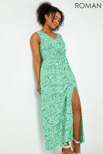Roman Green Dark Petite Palm Print Stretch Maxi Dress (Q58826) | £42