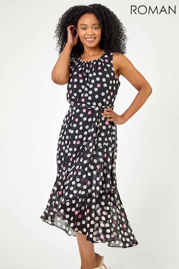 Roman Black Petite Spot Print Frill Trim Dress (Q58870) | £55