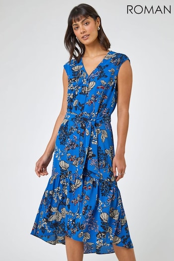 Roman Blue Floral Print Dipped Hem Dress (Q58878) | £40