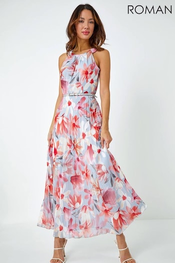 Roman Pink Floral Pleated Halterneck Maxi Dress (Q58891) | £80