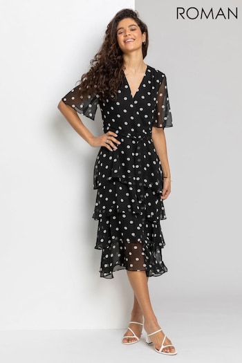 Roman Black Spot Print Tiered Frill Midi Dress (Q58912) | £65