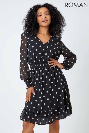 Roman Black Petite Spot Tiered Chiffon Frill Dress (Q58922) | £52