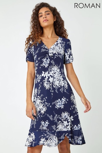 Roman Blue Floral Print Frill Hem Dress (Q58933) | £38