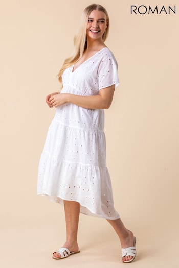 Roman White Broderie Tiered Smock Dress Asymmetric (Q58978) | £45
