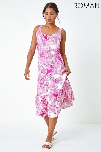 Roman Pink Paisley Frill Hem Stretch Midi Dress (Q58997) | £38