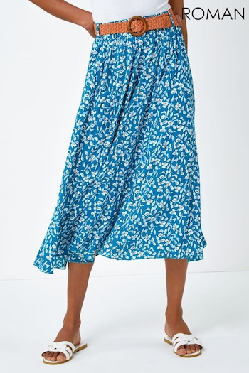Roman Blue Ditsy Floral Belted Midi Skirt (Q59005) | £35