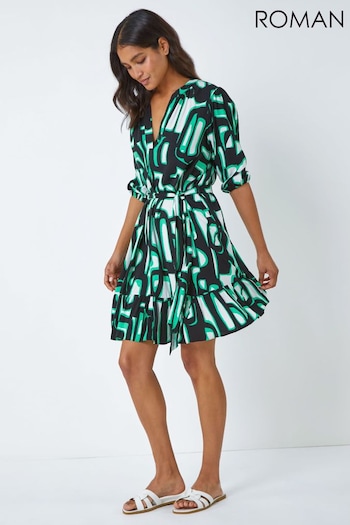 Roman Green Belted Frill Hem Geometric Print Dress (Q59012) | £42