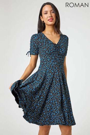 Roman Blue Ditsy Floral Print Ruched Tea with Dress (Q59034) | £38