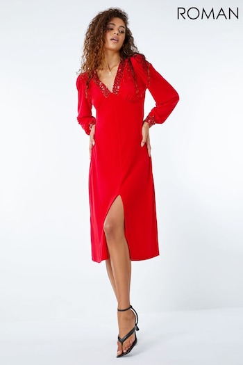 Roman Red Sequin Trim Stretch Midi Dress (Q59037) | £45