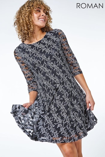 Roman Black Gray Petite Ditsy Floral Print Dress (Q59048) | £40