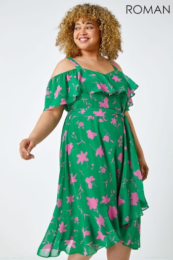 Roman Green Curve Floral Cold Shoulder Frill Dress (Q59076) | £55