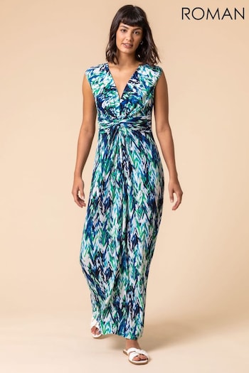 Roman Green Abstract Print Twist Front Maxi Dress (Q59080) | £42