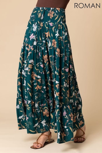 Roman Green Floral Shirred Waist Maxi Skirt (Q59103) | £35