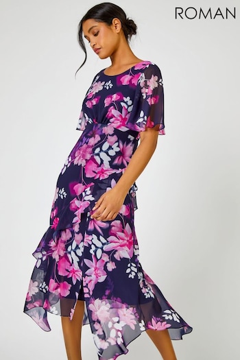 Roman Pink Floral Print Frill Detail Midi Dress Blouson (Q59110) | £65