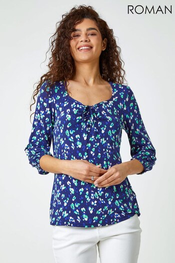 Roman Blue Ditsy Print Tie Front Top (Q59115) | £28