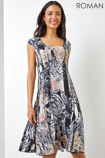Roman Black/Grey Abstract Floral Print Panel Dress (Q59129) | £40