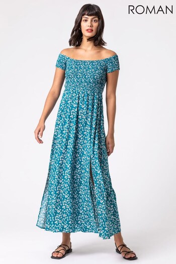 Roman Blue Shirred Ditsy Leaf Print Bardot Dress (Q59135) | £36