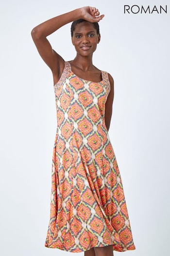 Roman Orange Sleeveless Geometric Print Swing Dress (Q59152) | £40