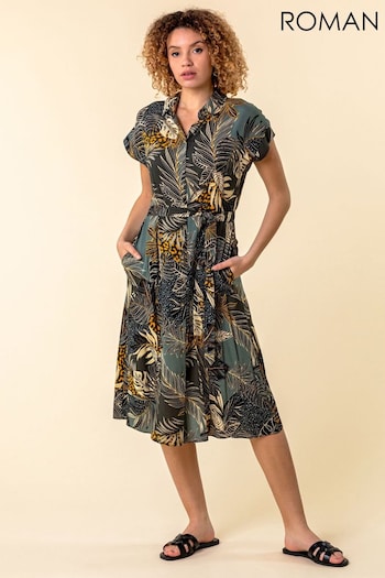 Roman Green Tropical Leaf Print Denton Shirt Dress (Q59160) | £38