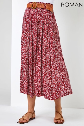 Roman Red Ditsy Floral Belted Midi Skirt (Q59164) | £35