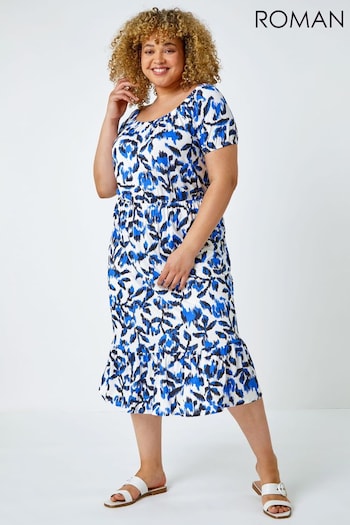 Roman Blue Curve Leaf Bardot Stretch Midi Dress (Q59167) | £38