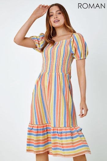 Roman Yellow Stripe Shirred Puff Sleeve Midi Dress (Q59175) | £42