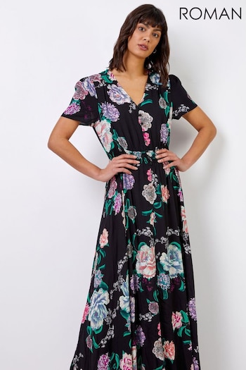 Roman Black Floral Print Shirred Waist Maxi Dress (Q59176) | £45