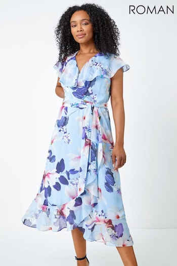 Roman Blue Petite Floral Frill Hem Chiffon Dress (Q59191) | £55