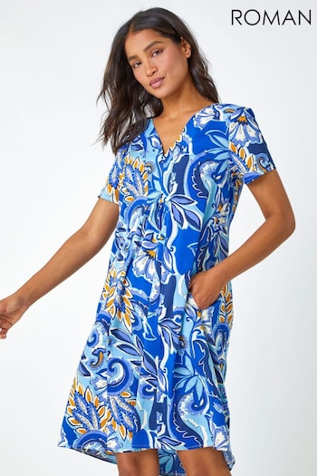 Roman Blue Baroque Floral Pocket Tunic Dress (Q59212) | £38