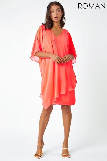 Roman Orange Embellished Cold Shoulder Overlay Dress (Q59220) | £55