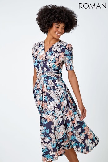 Roman Blue Floral Print Ruched Waist Wrap Dress (Q59249) | £42