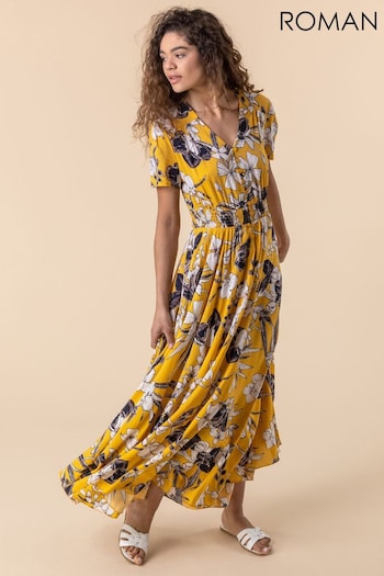 Roman Yellow Floral Print Shirred Waist Maxi Dress (Q59277) | £45