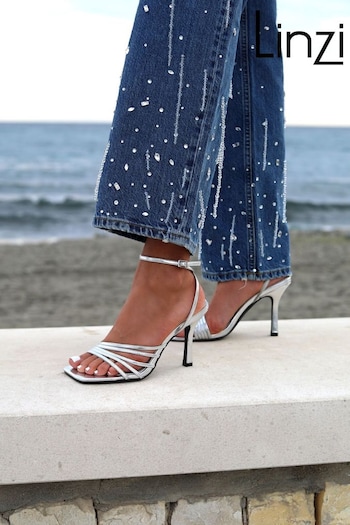 Linzi Silver Phoebe Open Toe Strappy Stiletto Heeled Manilla Sandals (Q59367) | £32