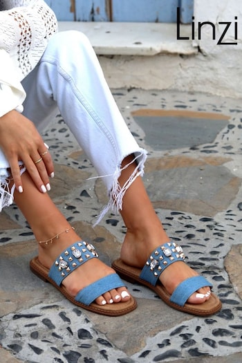 Linzi Blue Leighton Two Strap Embellished Flat Sandals (Q59422) | £27