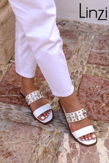 Linzi White Leighton Two Strap Embellished Flat Sandals (Q59483) | £27