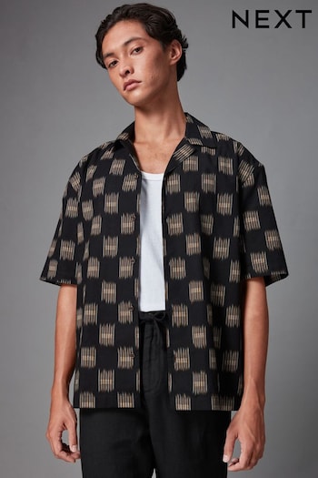 Black Printed Short Sleeve Shirt With Cuban Collar (Q59751) | £30