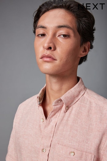 Pink Standard Collar Linen Blend Short Sleeve Shirt (Q59756) | £28