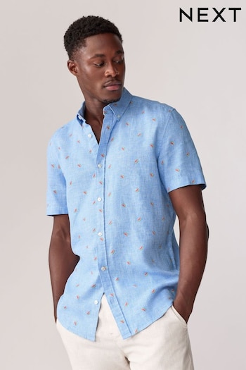 Blue Linen Blend Printed Short Sleeve Shirt (Q59766) | £32