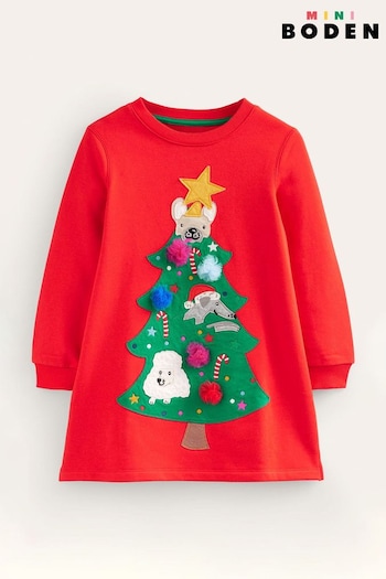 Boden Red Cosy Christmas Tree Appliqués Sweatshirt Dress (Q59801) | £37 - £42