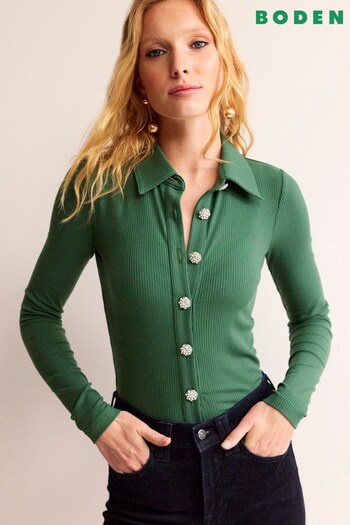 Boden Green Jewelled Button Ribbed Shirt (Q59810) | £60