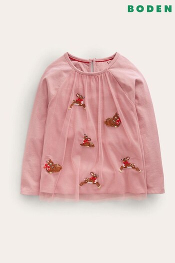 Boden Pink Fesitve Tulle Reindeer Applique T-Shirt (Q59835) | £23 - £27