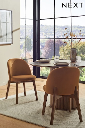 Soft Velvet Caramel Brown Preston Walnut Effect Leg Dining Chairs Set of 2 (Q60187) | £240