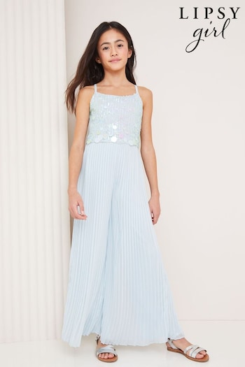 Lipsy Light Blue Embellished Pleated Occasion Jumpsuit (5-16yrs) (Q60465) | £60 - £68