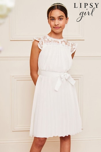 Lipsy White Lace Yolk Pleated Occasion Dress (Q60485) | £47 - £55