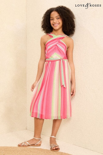 L&R | Food & Drink Pink Rainbow Stripe Halter Chiffon Dress (5-16yrs) (Q60503) | £39 - £47