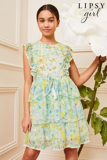 Lipsy Green/White Floral Chiffon Ruffle Mini Masculina Dress (5-16yrs) (Q60517) | £32 - £40