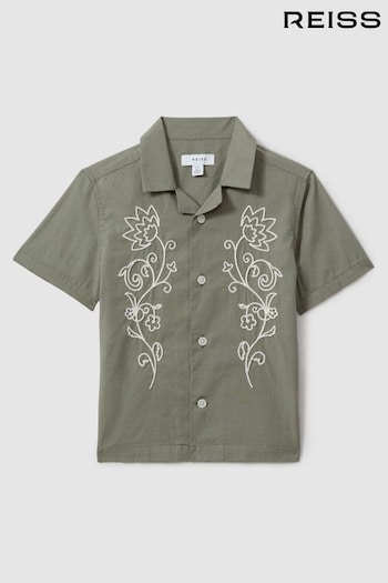 Reiss Sage/Off White Sonny Cotton Embroidered Cuban Collar Shirt (Q60936) | £50