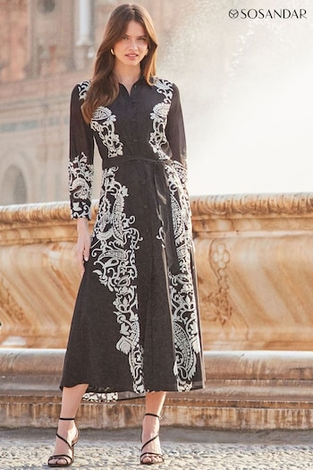 Sosandar Black Floral Print Belted Midi Shirt Dress (Q61037) | £79