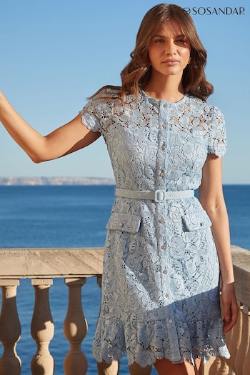 Sosandar Blue Lace Ruffle Hem Dress With Embellished Buttons (Q61048) | £95
