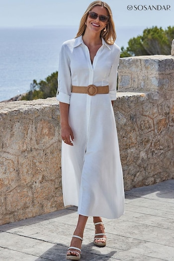 Sosandar White Linen Midi Shirt Dress (Q61089) | £85